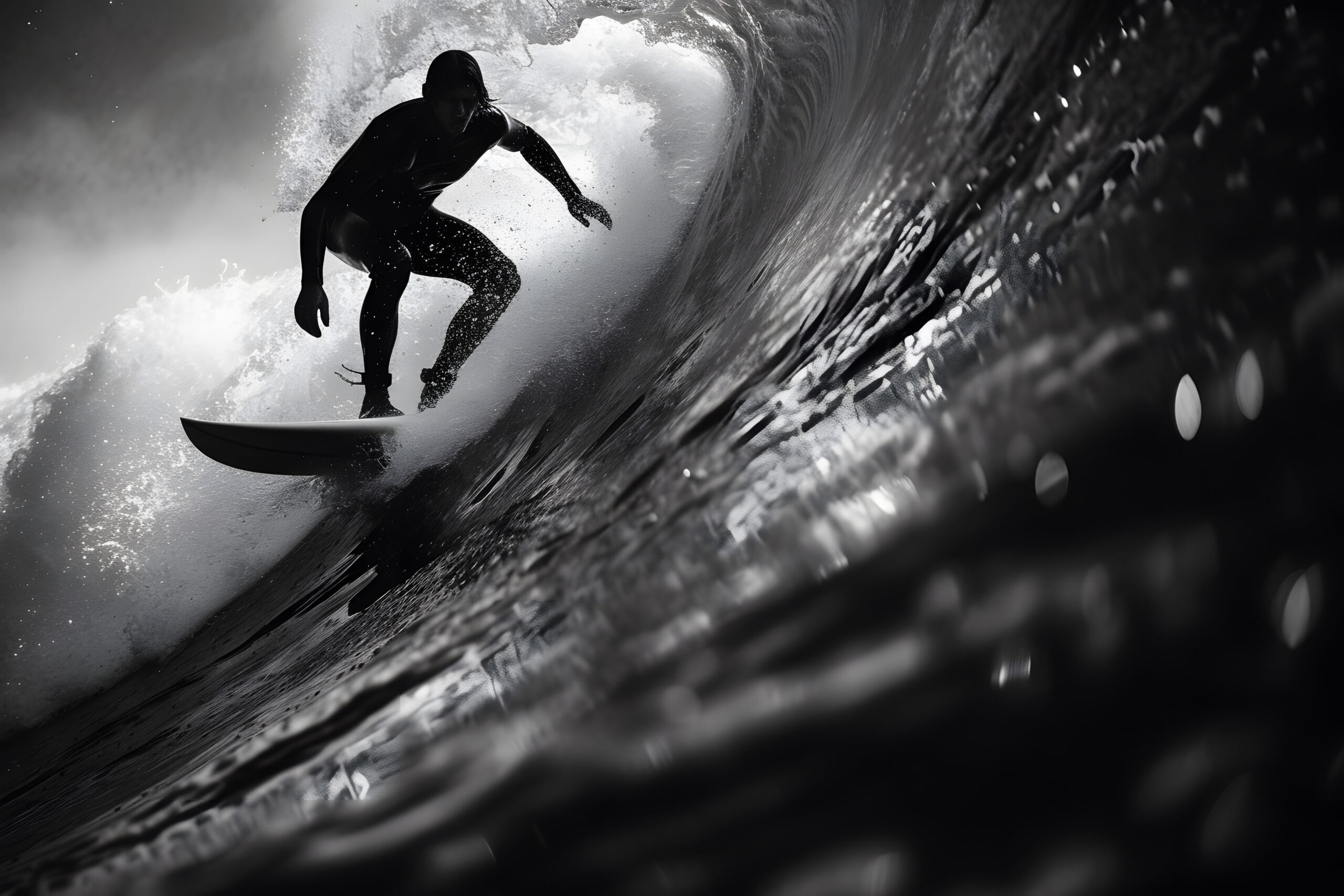Surfeur dans une vague en noir et blanc