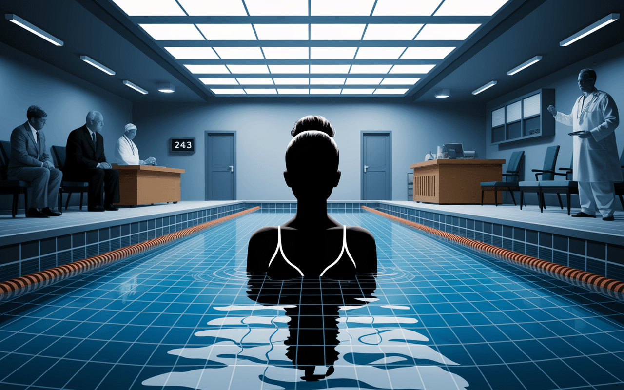Silhouette apnée statique record 24 minutes, juges médecin piscine