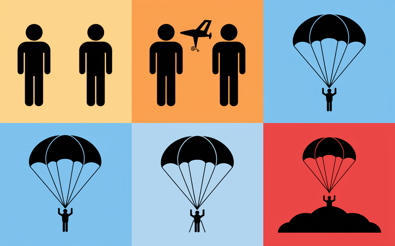 Étapes-visuelles saut en parachute : briefing, équipement, avion, chute libre, voile, atterrissage
