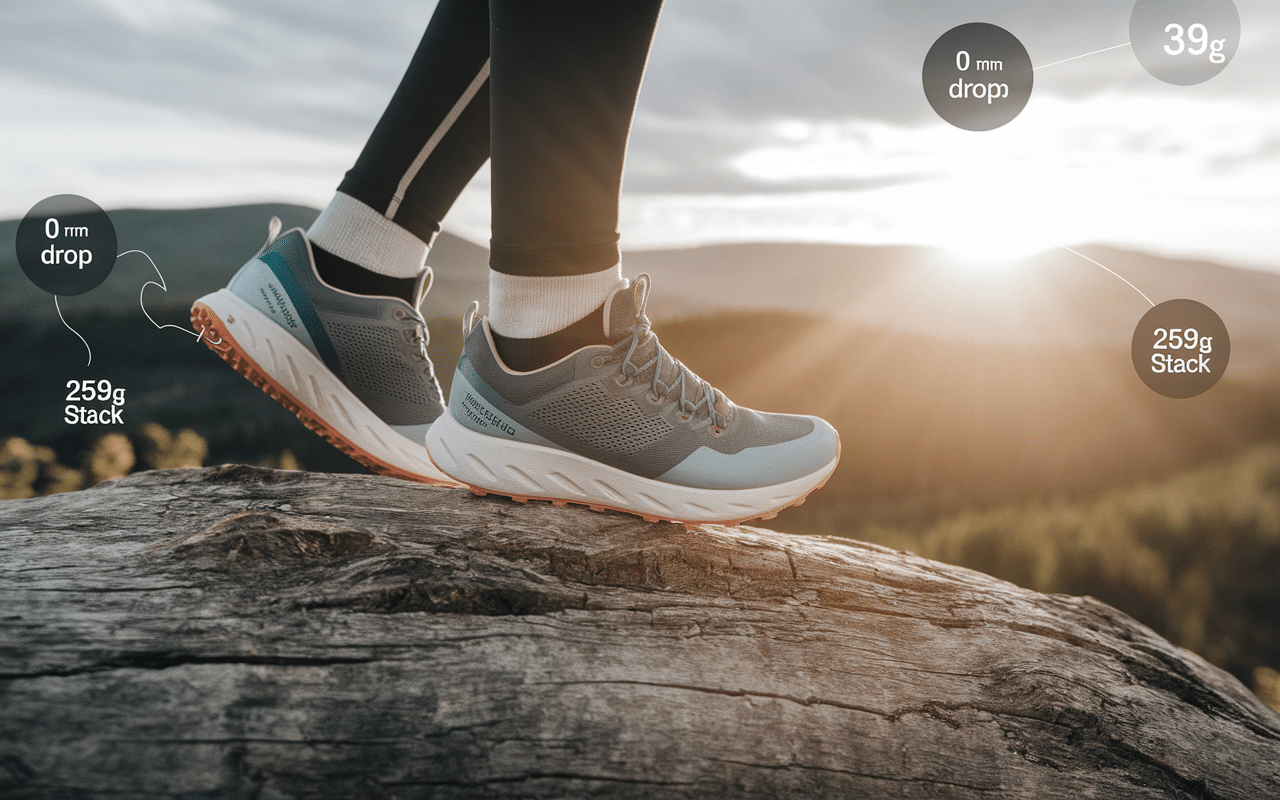 Chaussure trail profil, crans, chiffres drop zero et stack