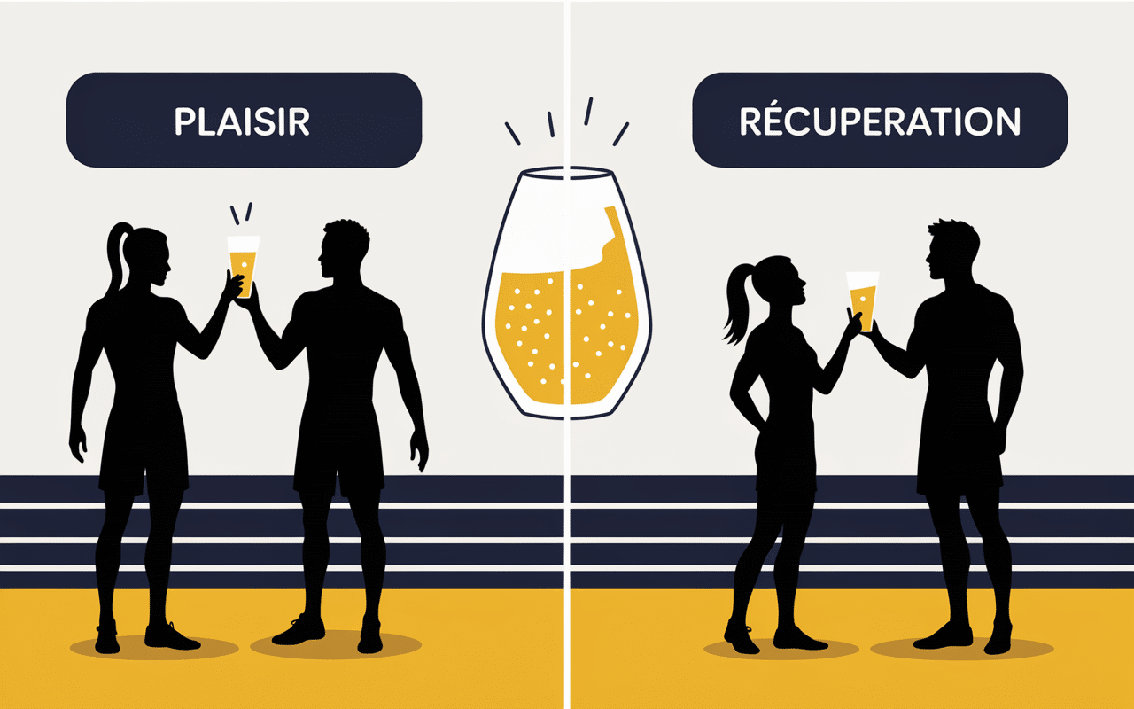 Sportifs en vestiaire partageant une bière après effort
