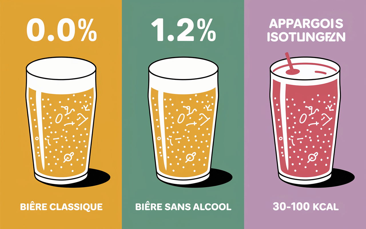 Verres de bière sans alcool, classique et isotonique sur table comparatif