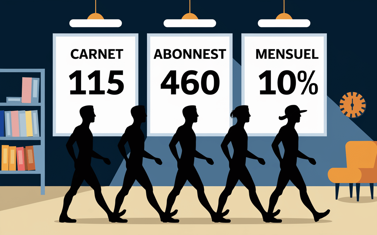 Tableau formules et tarifs bloc escalade, silhouettes grimpeurs