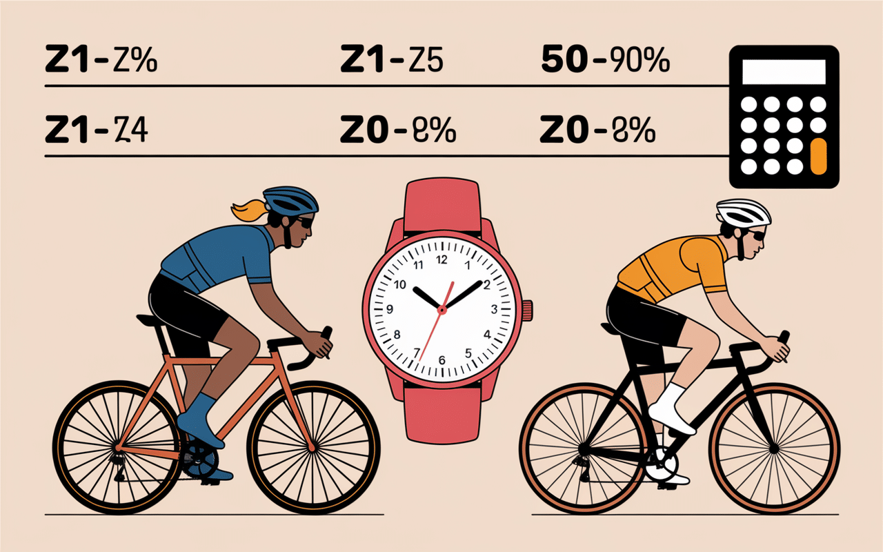 Tableau cinq zones cardiaques, montre connectee, calculette, silhouettes sportifs