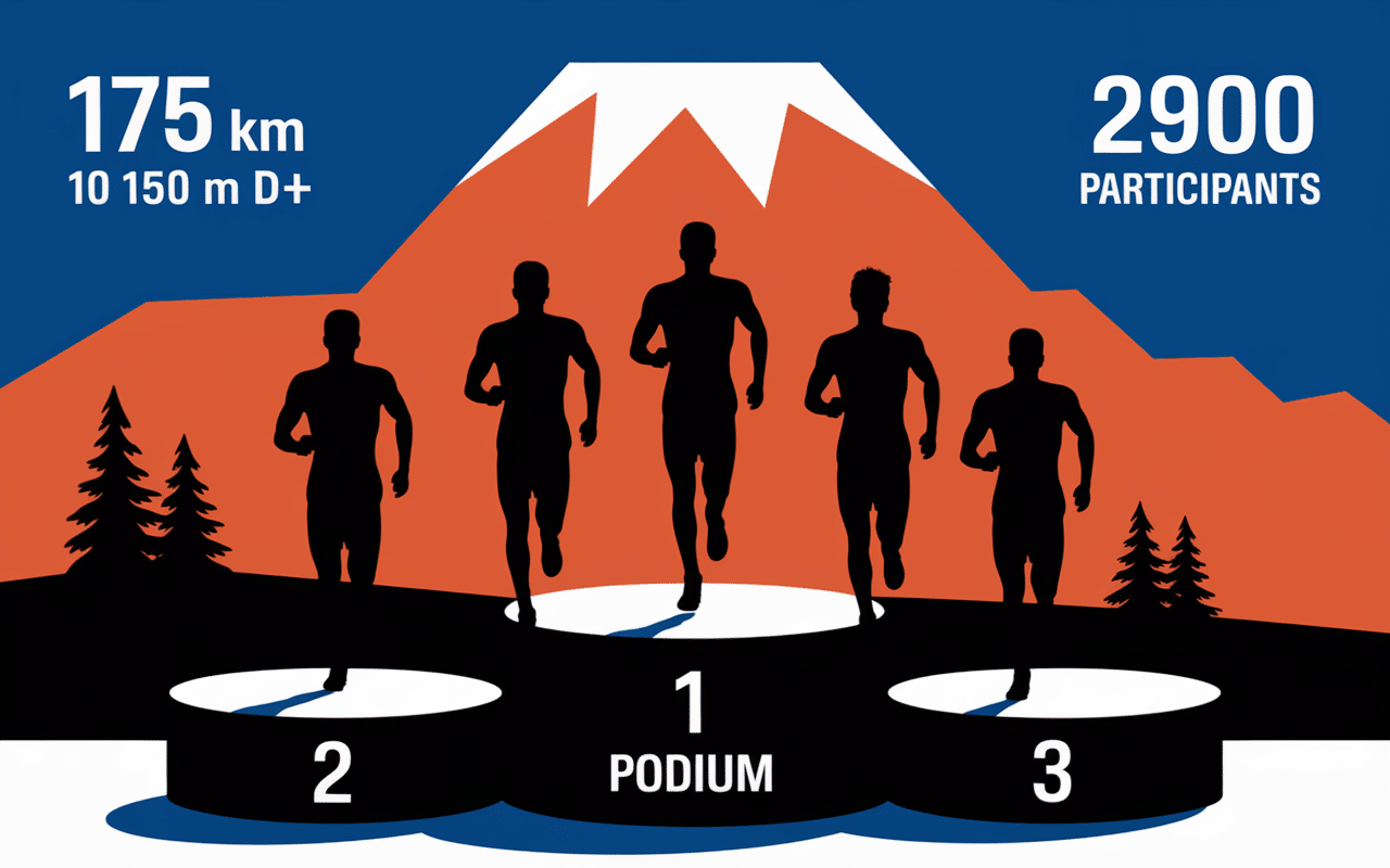 Tableau podium, chiffres clés, coureurs trail Diagonale des Fous 2024