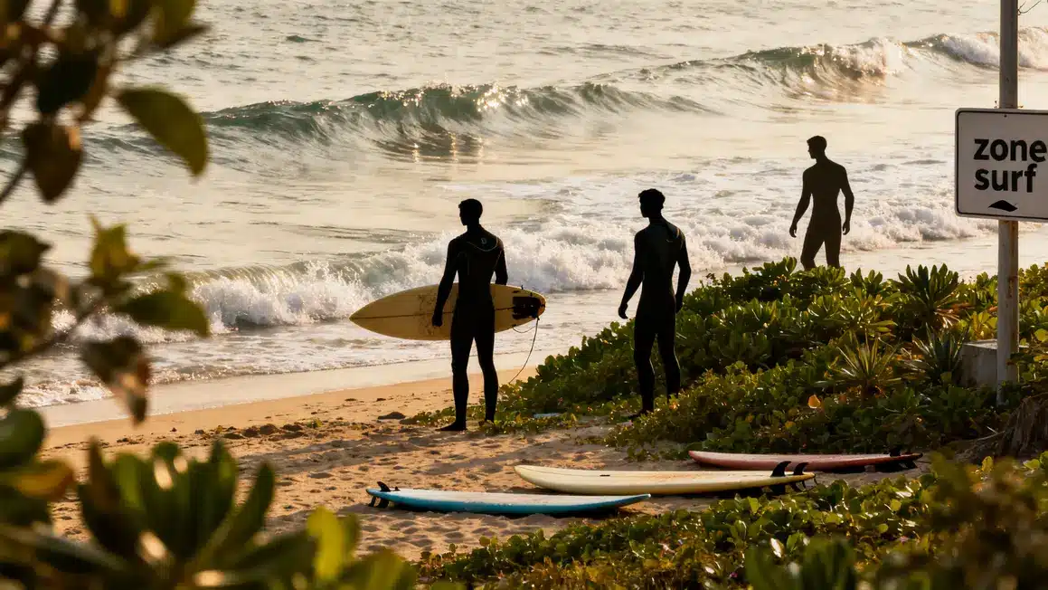 Xichong Beach surf Chine urbain avec surfeurs et vagues
