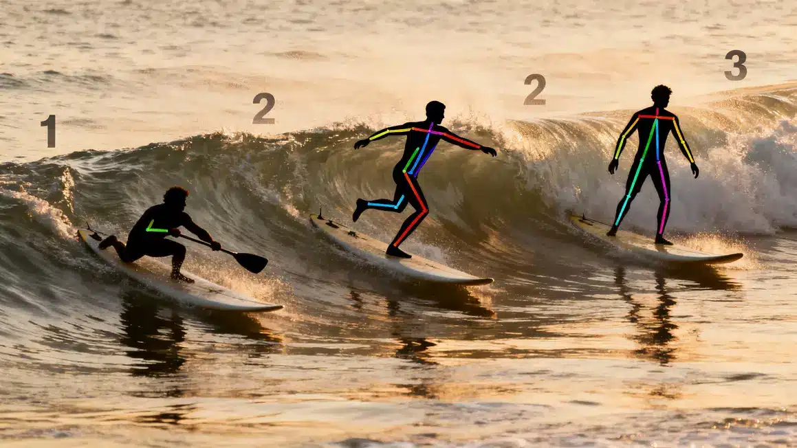 Trois silhouettes surf détaillant mobilité et flexibilité en surf