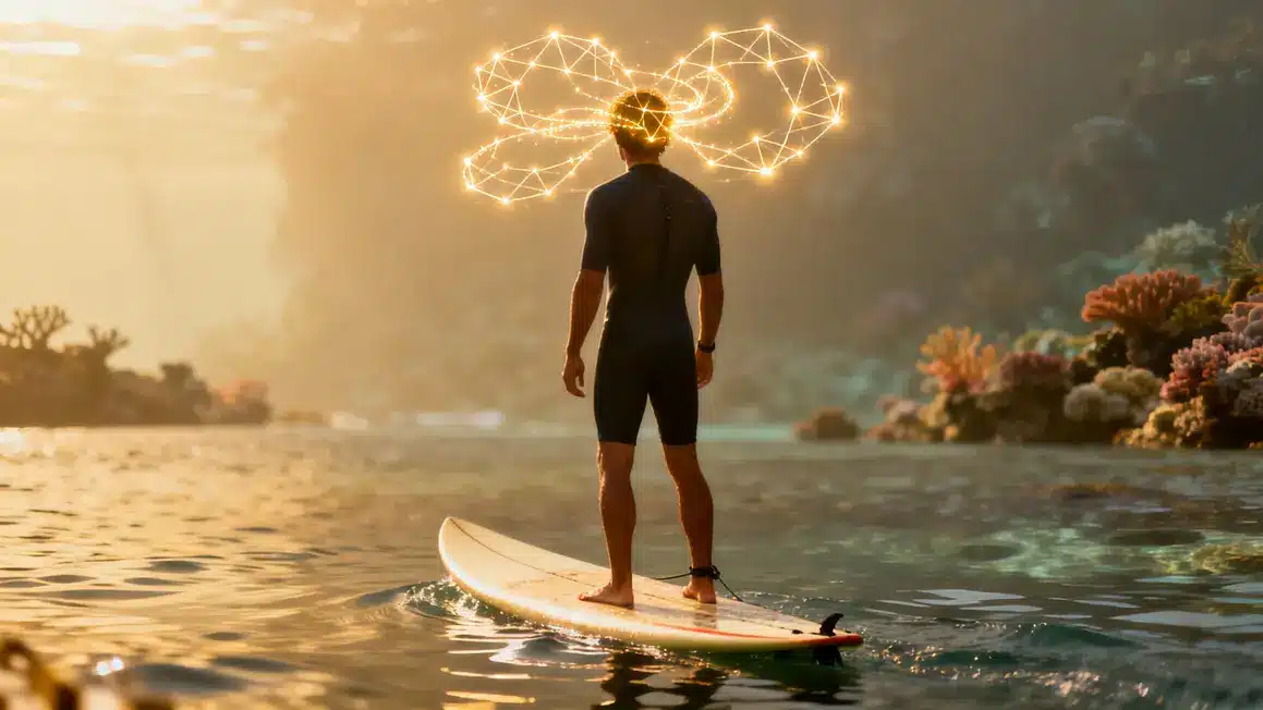 Surfeur dans l'eau avec arcs lumineux illustrant l'activité cérébrale