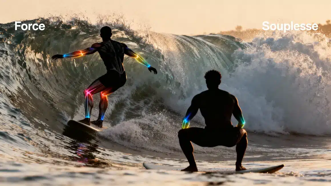 Surfeurs en bottom-turn et squat, montrant force et souplesse surf