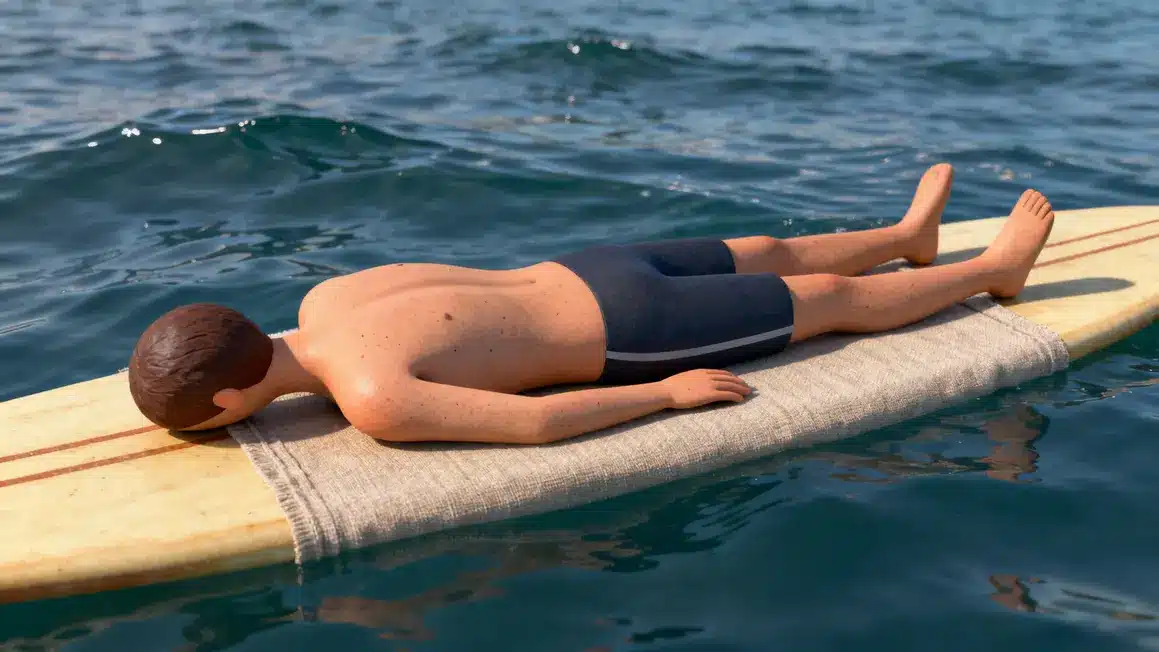 Surfeur allongé, dos et abdos sollicités, surf