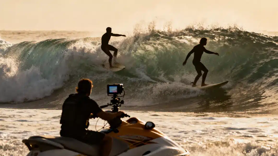 Surfeuses, vagues, caméra embarquée jet-ski