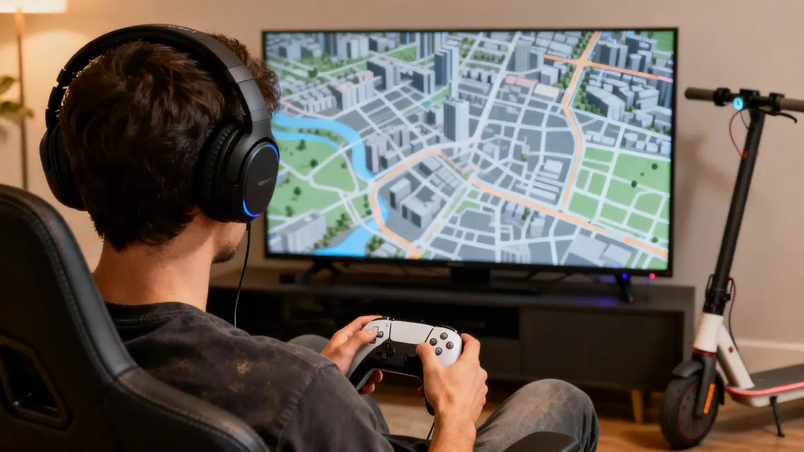 univers jeu trottinette PS4 joueur équipé casque manette