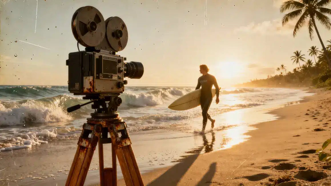 Camera ancienne sur plage surfeur histoire cinema surf
